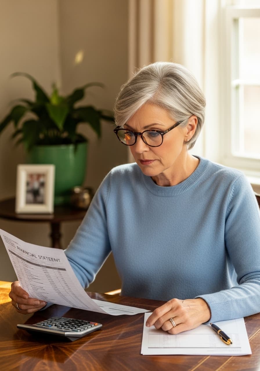 Woman in her 60s at a desk reviewing a credit card statement with a calculator and pen